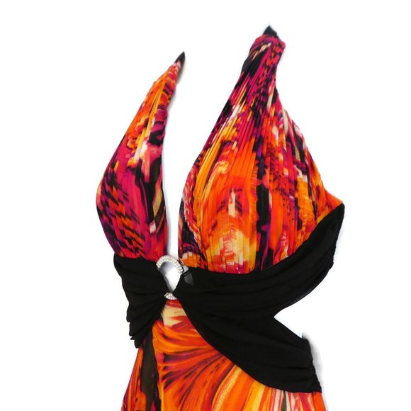 Hailey Logan Adrianna Papell Halter Dress Maxi Neon Floral Sash Backless - Picture 6 of 11